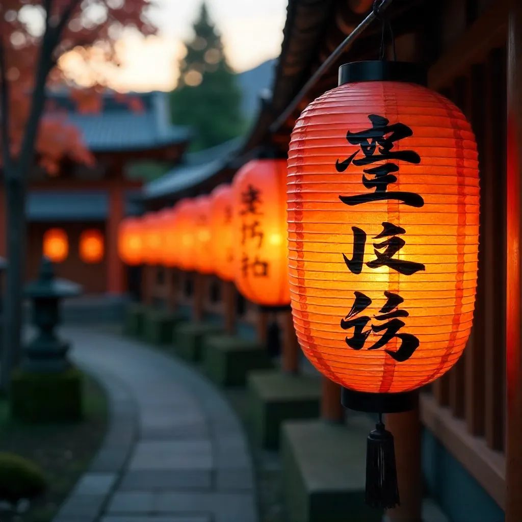 Close-Up Japanese Lanterns with Calligraphy Outdoors