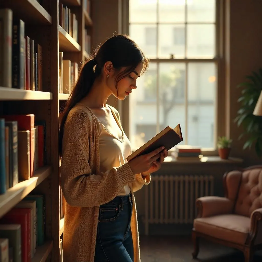 Photorealistic Indian woman in a bookstore