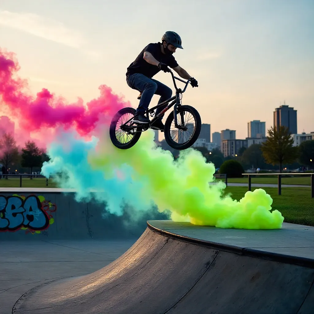 Chromatic Smoke BMX Aerial in the Urban Park