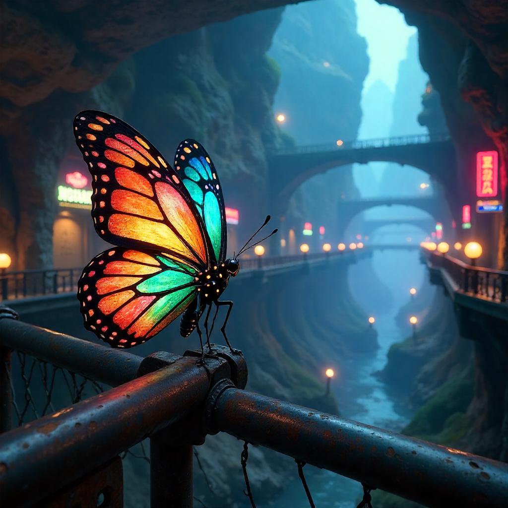 Butterfly Over Neon Subterranean City