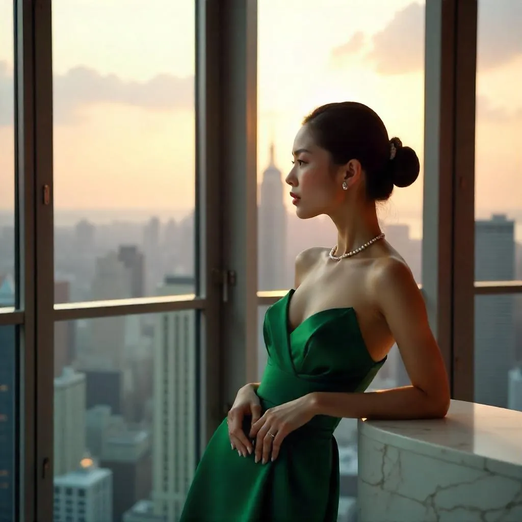 Elegant Asian Woman in a Luxe Penthouse at Dusk