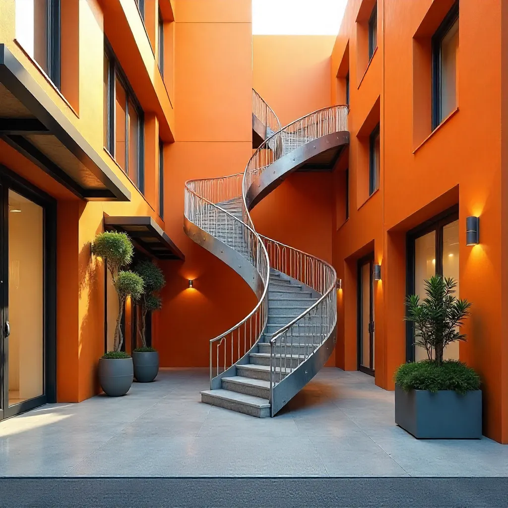 Spiral Staircase in a Vibrant Orange Courtyard