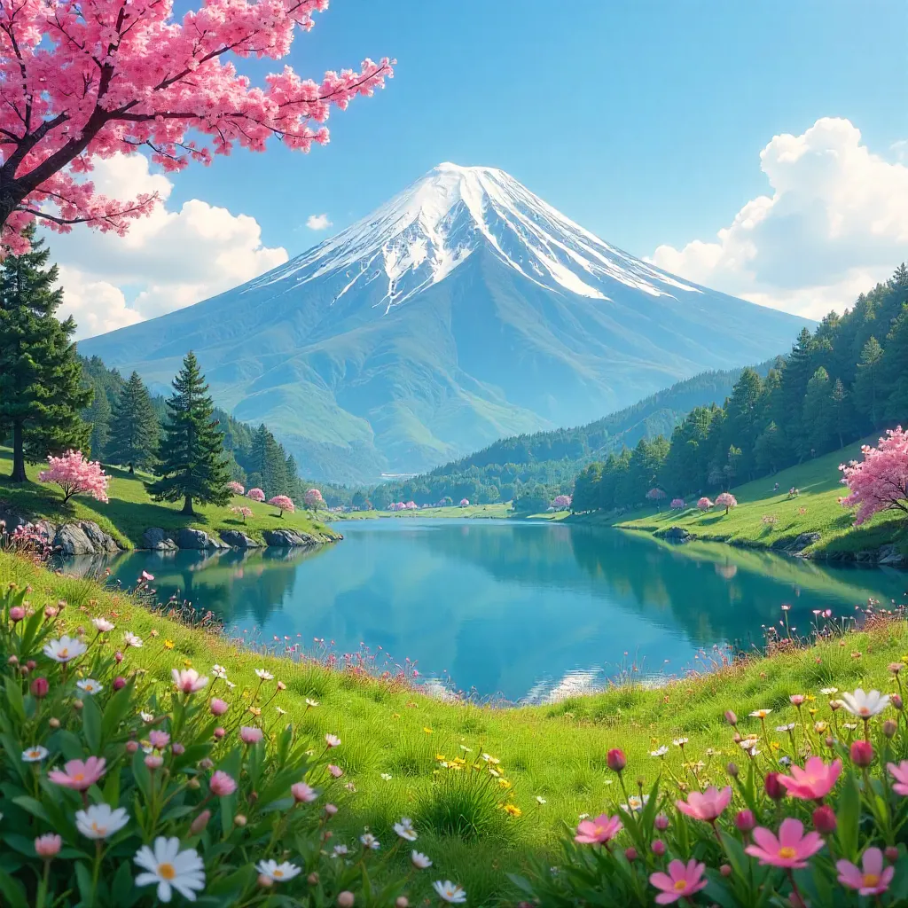 Spring View of Mount Fuji: Emerald Valleys Under a Clear Sky