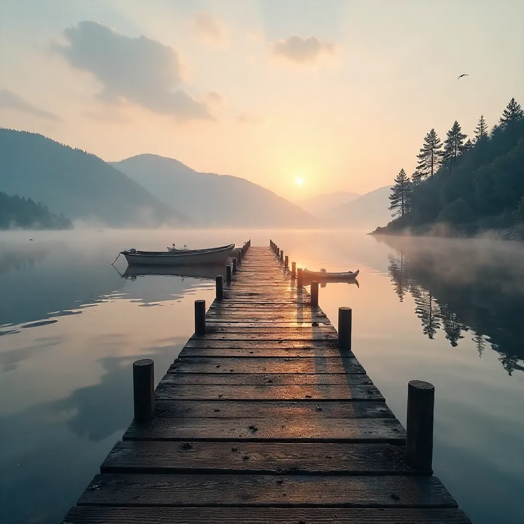 Dawn over a Misty Lakeside Pier
