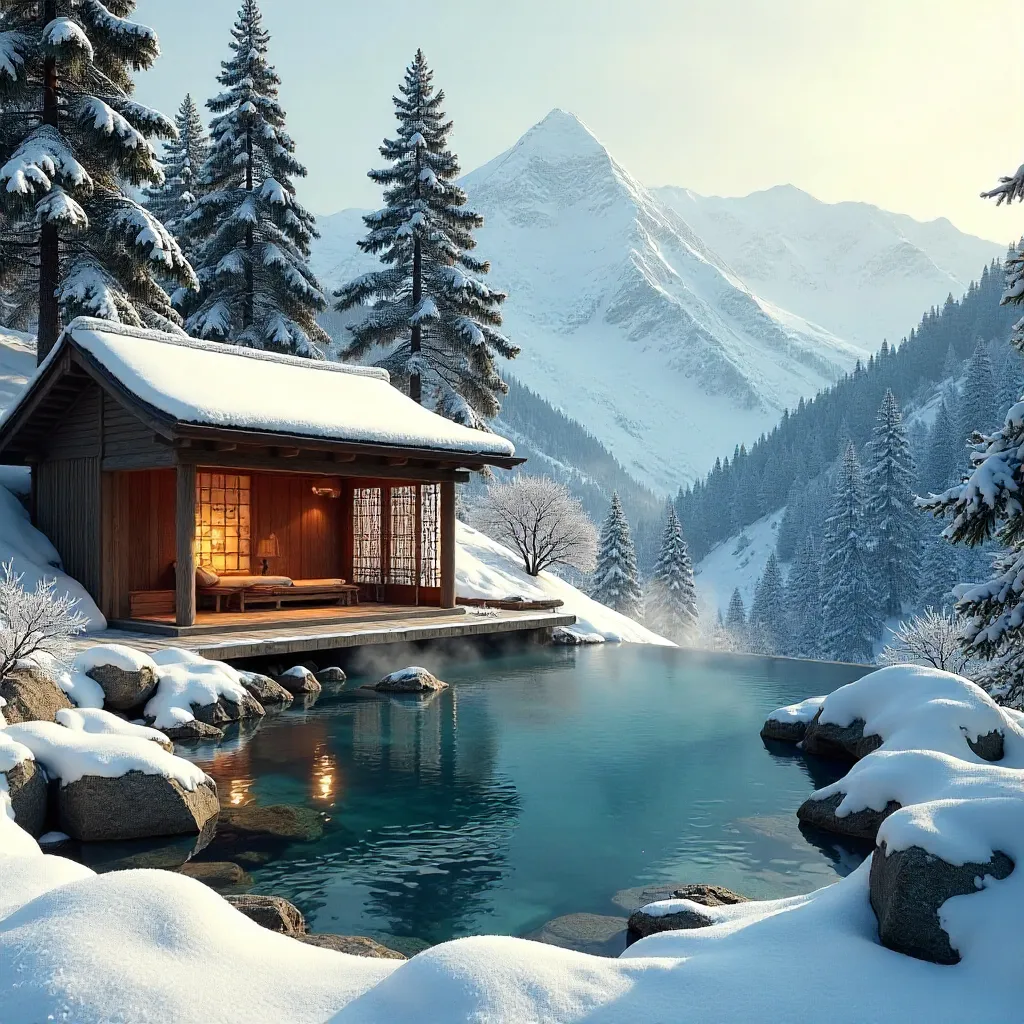 Winter Onsen among Snow-Kissed Pines