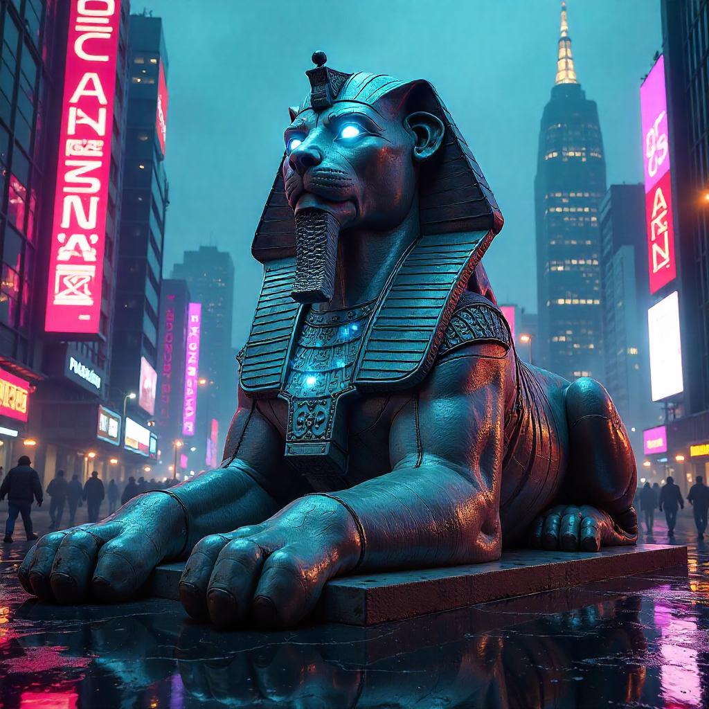 Cyberpunk Sphinx in Neon Megacity