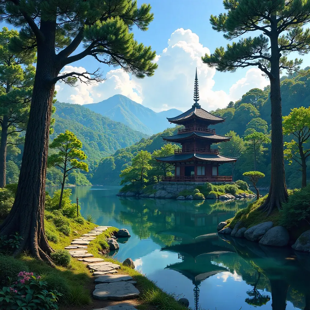 Kyoto Serenity: Forest, Pagoda, and Clear Sky