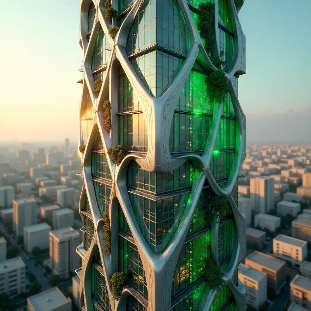 Stunning Dubai High-Rise Facade with Vibrant Green Accents