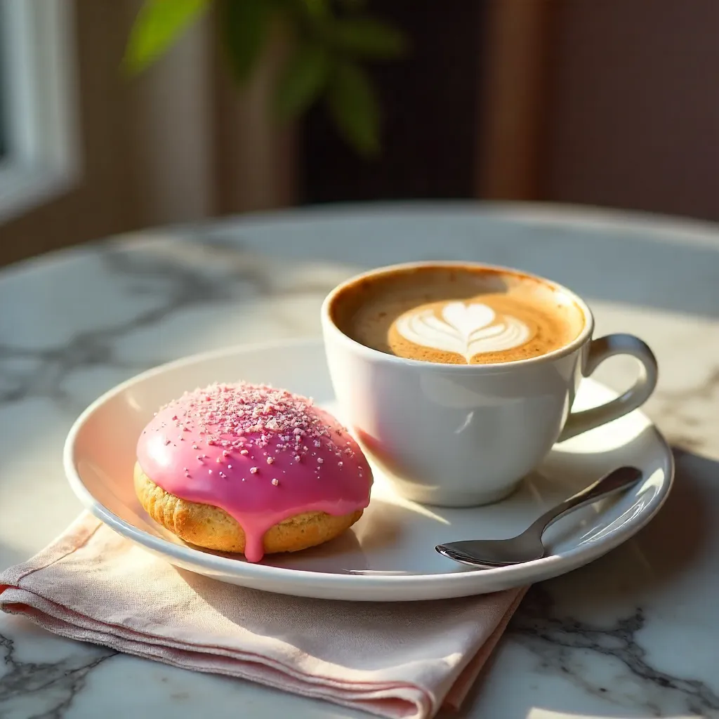 Delicious Pink Pastry and Frothy Latte on Marble Table