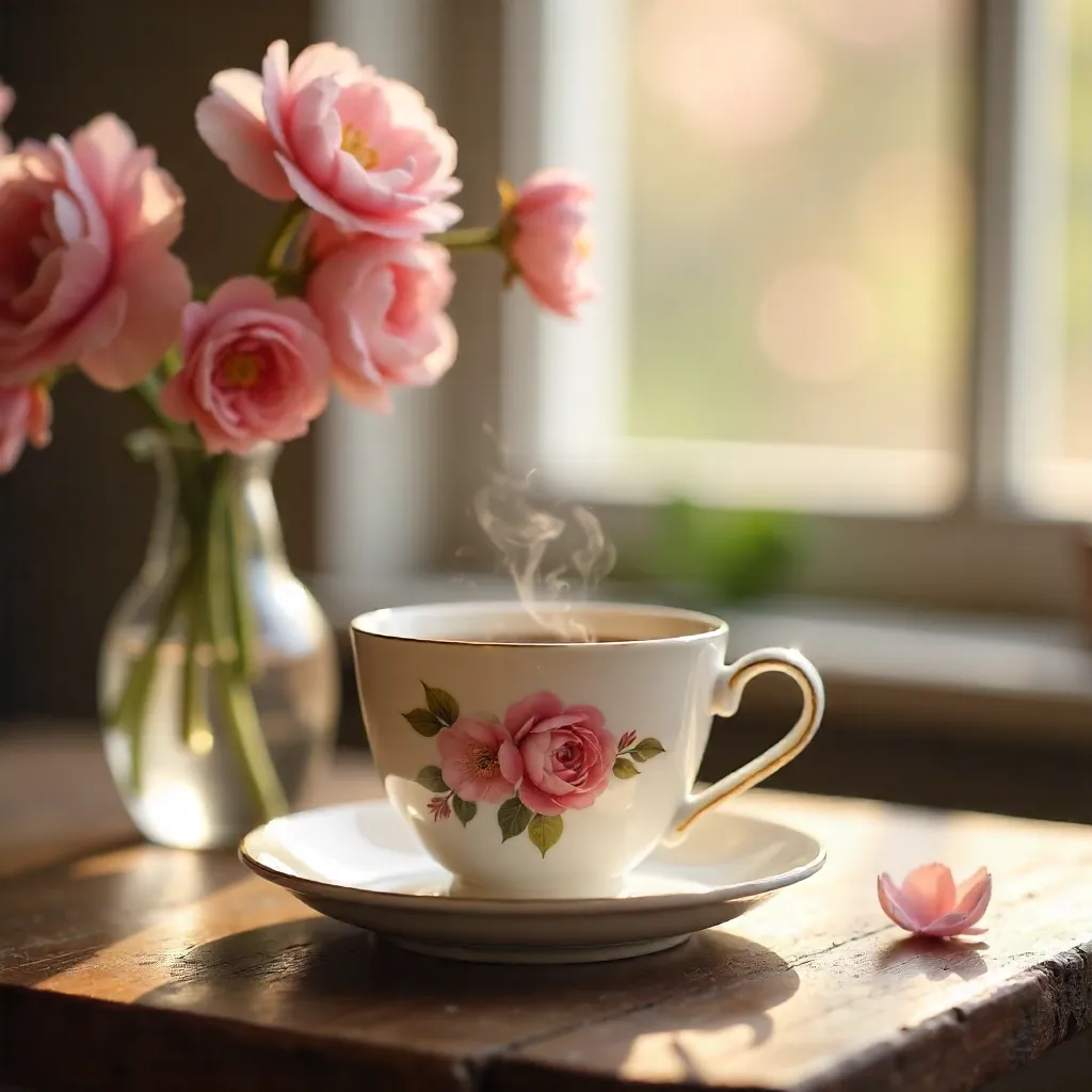 Close-up Floral Coffee Cup in Cozy Ambience