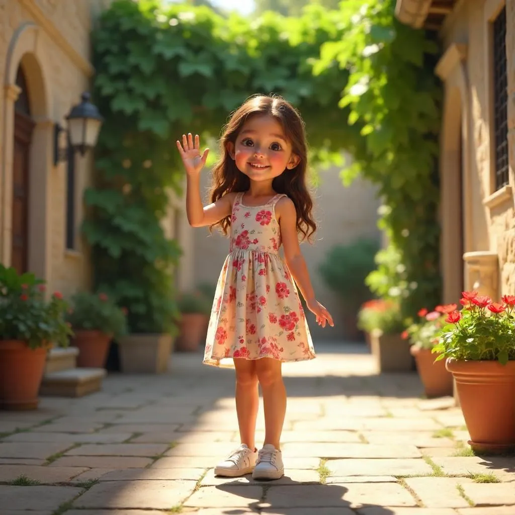 Cheerful White Girl in a Sunlit Courtyard