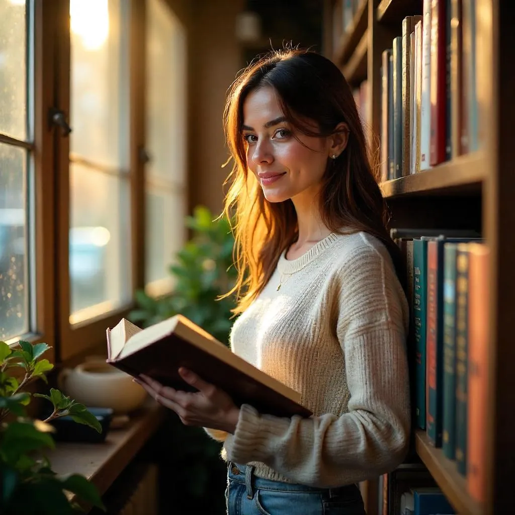 Photorealistic Woman in a Cozy Bookstore