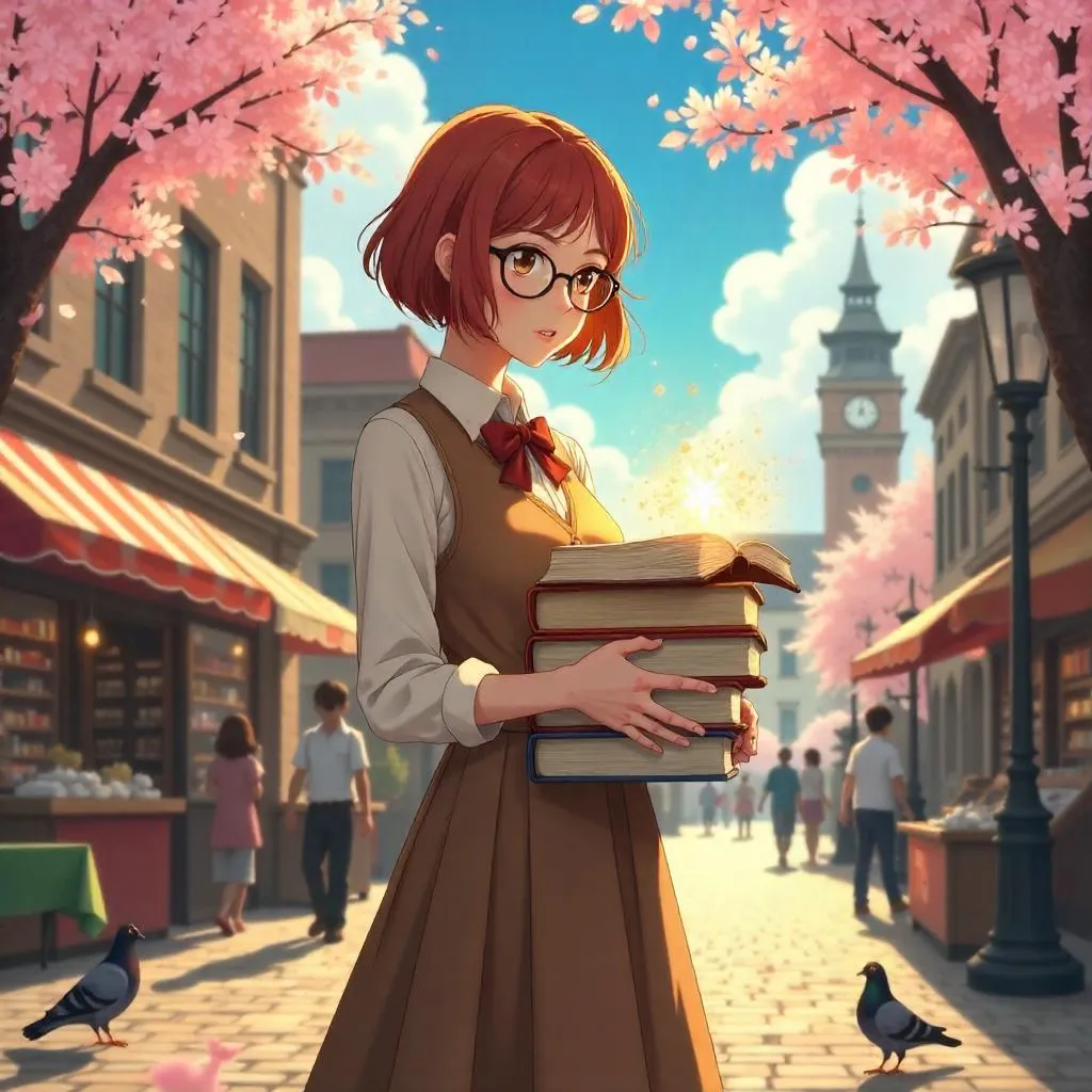 Anime Librarian in a Sunlit Town Square