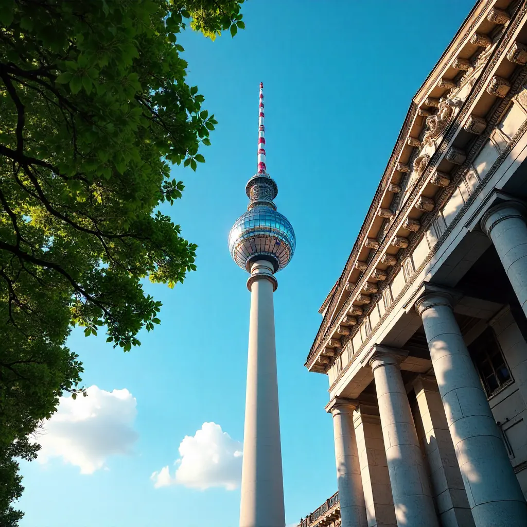 Fernsehturm Framed by Trees and Classical Architecture
