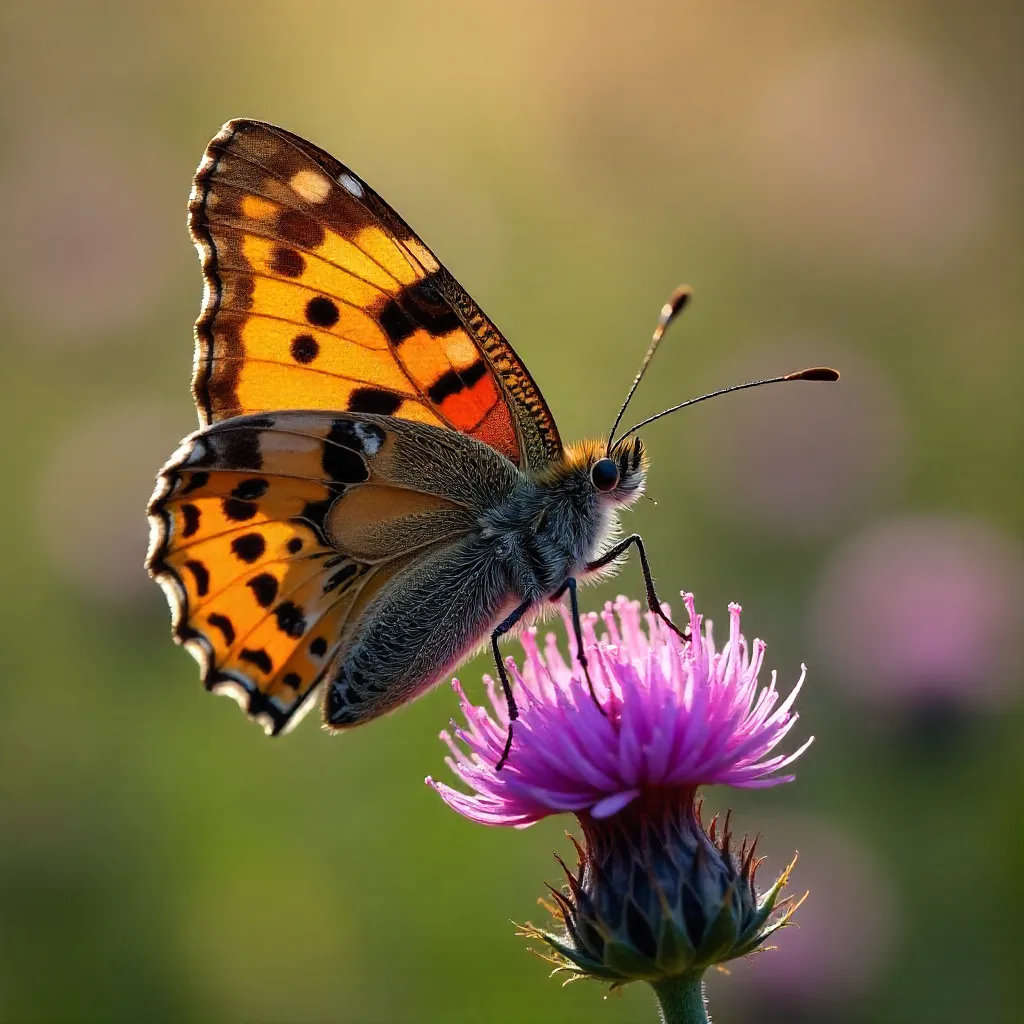 Painted Lady on Thistle: Vibrant Wing Patterns