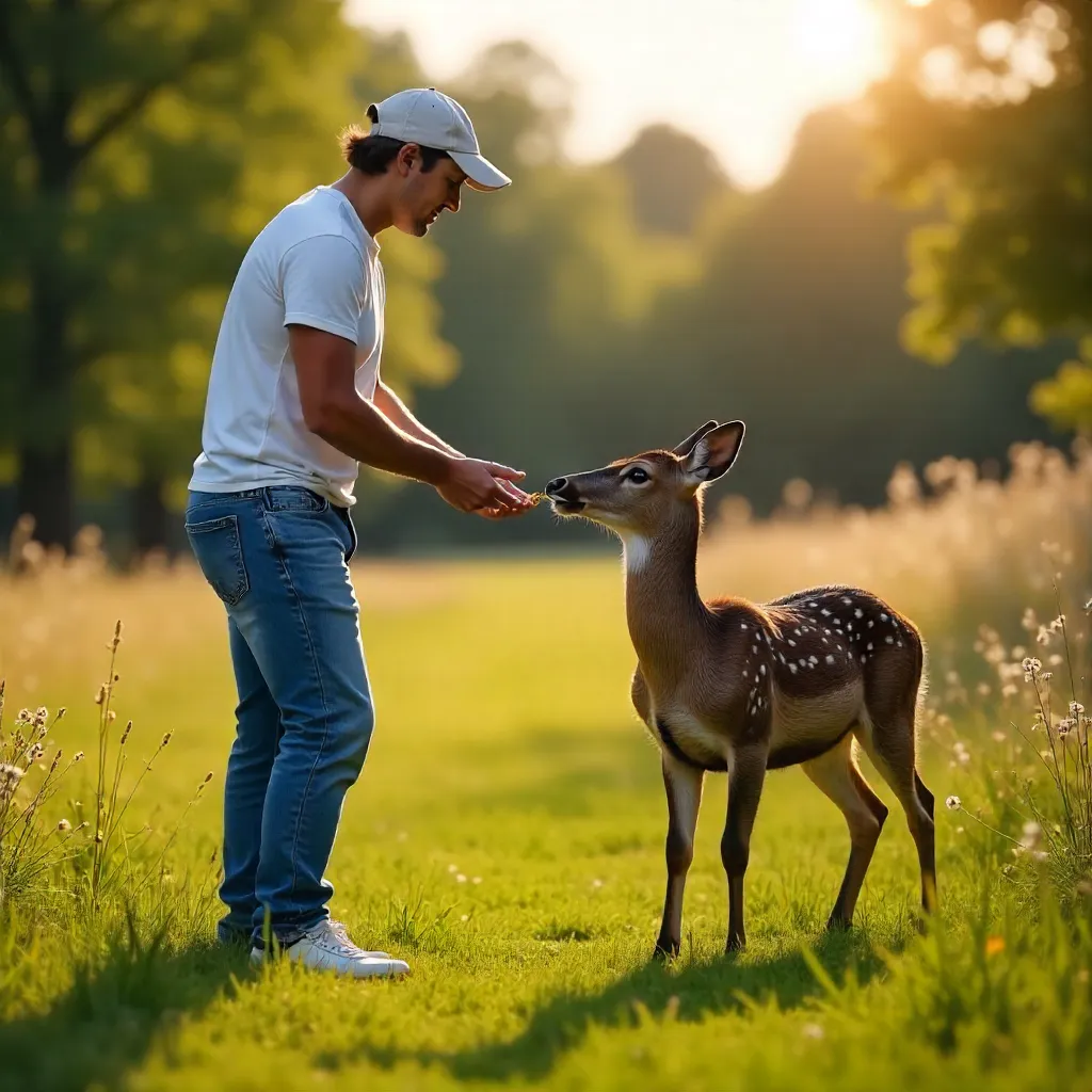Sunny Day Bond: Feeding a Friendly Deer Outdoors