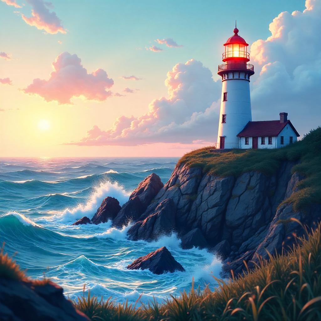 Golden Hour Anime Lighthouse Photograph