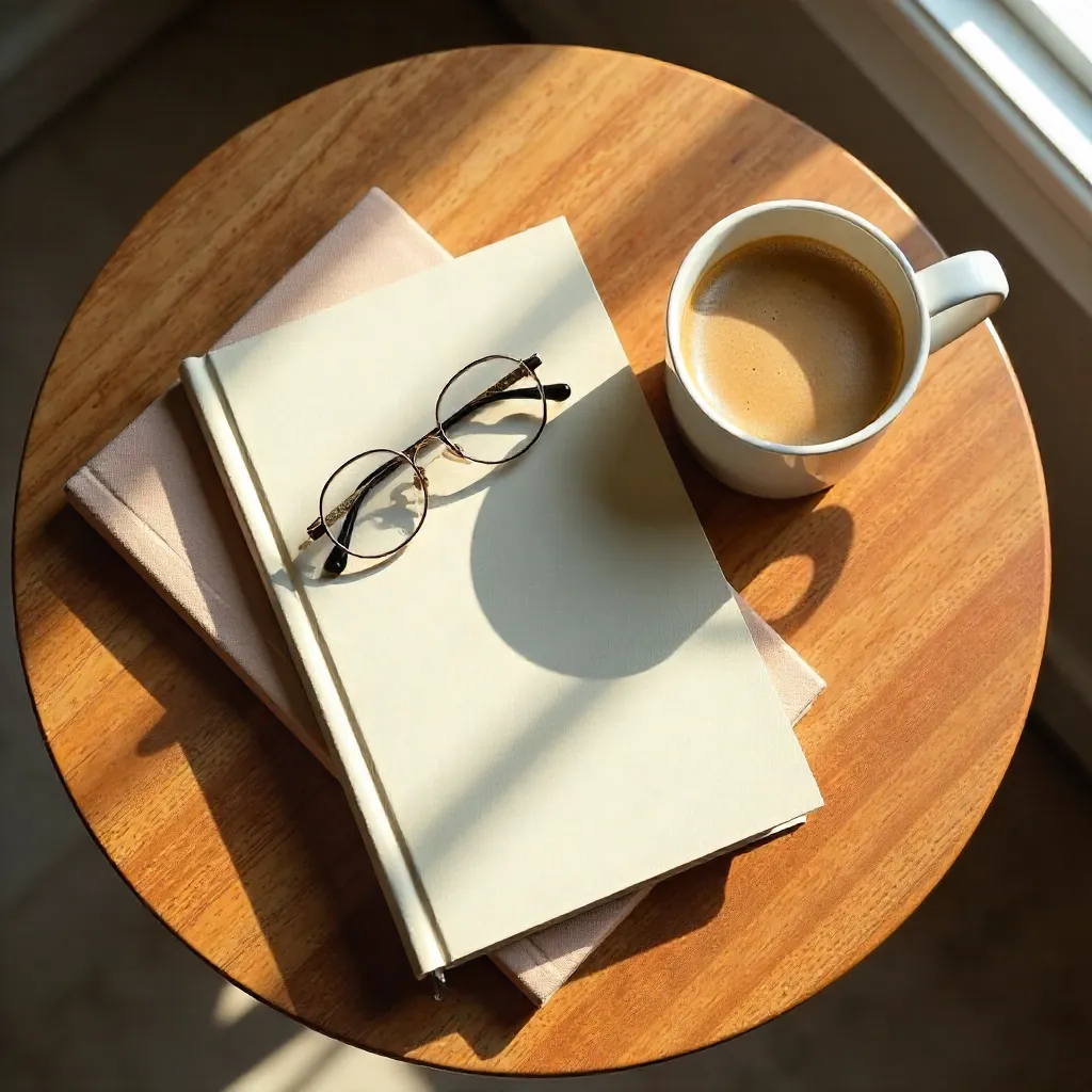 Calm Flat Lay: A Book, Glasses, and Coffee on Wood