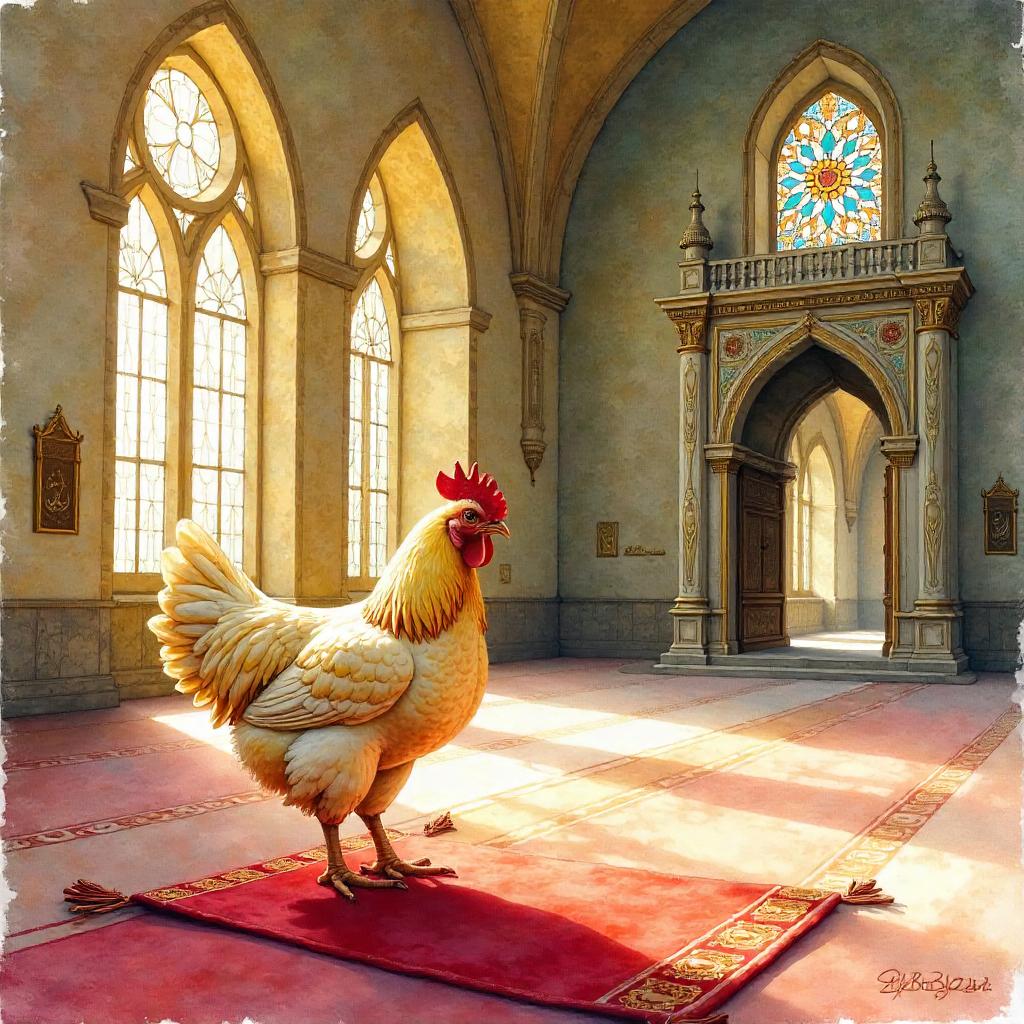 Watercolor Chicken in a Sunlit Mosque