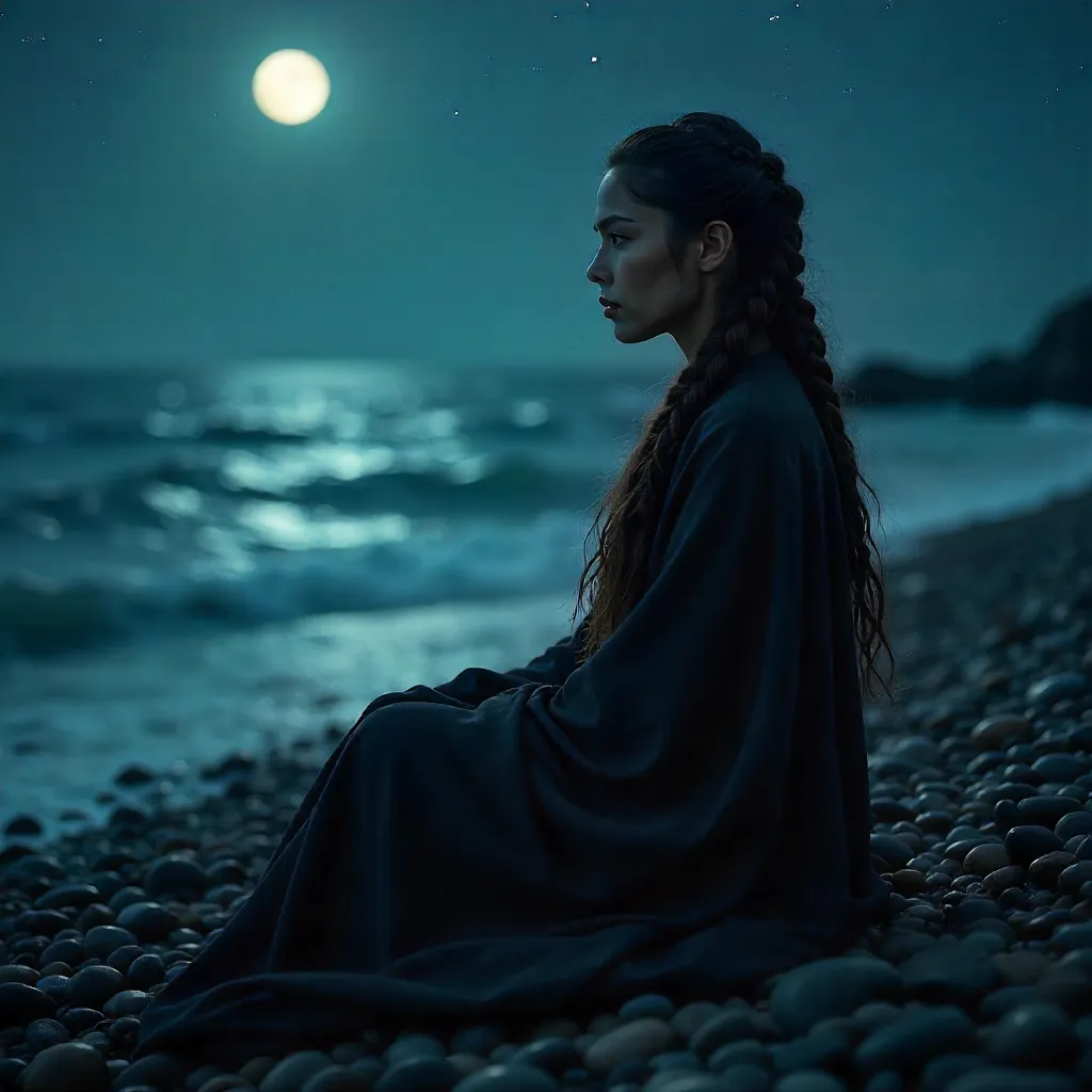 Braided-Hair Woman on Pebble Beach at Night