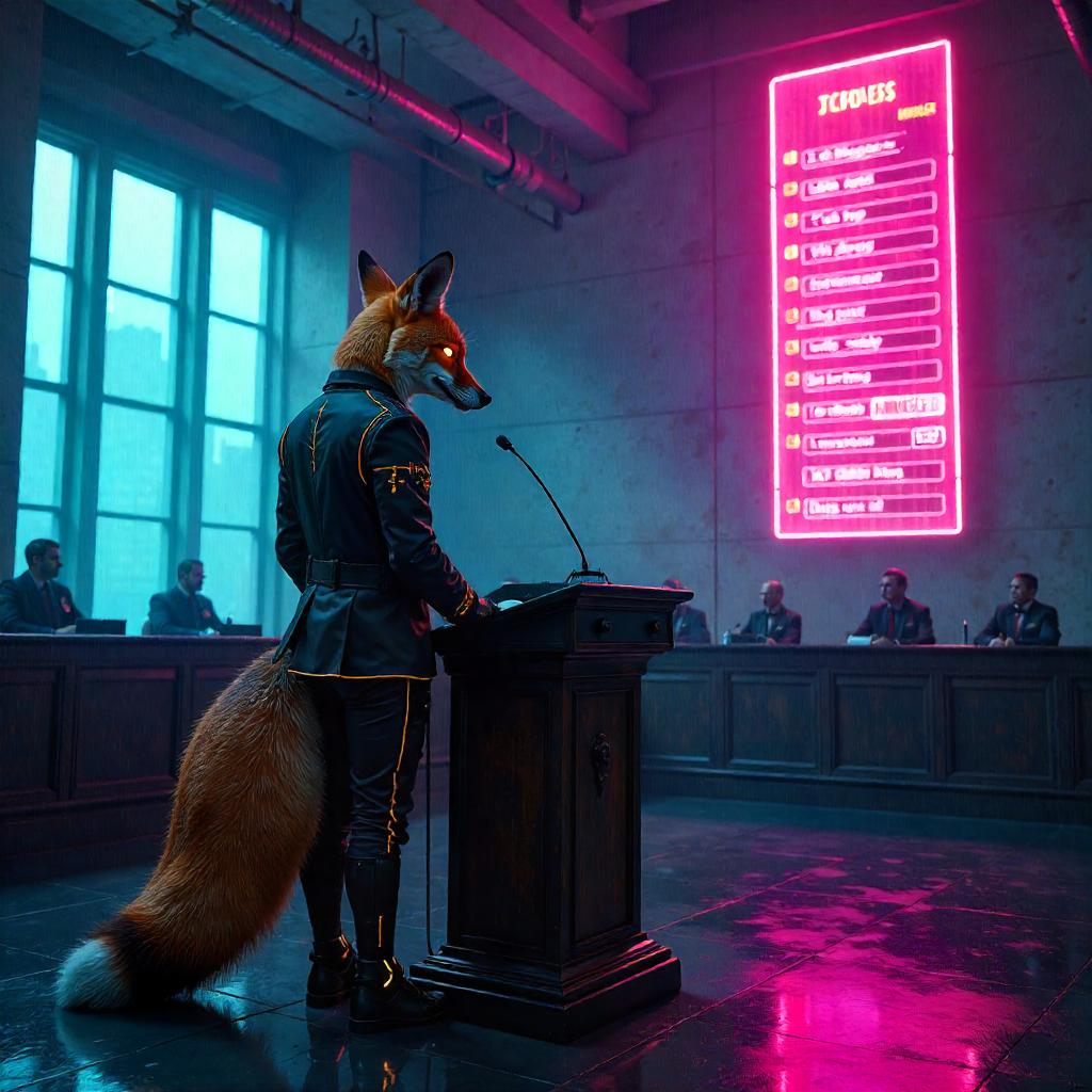 Neon Fox in the Cyberpunk Courthouse