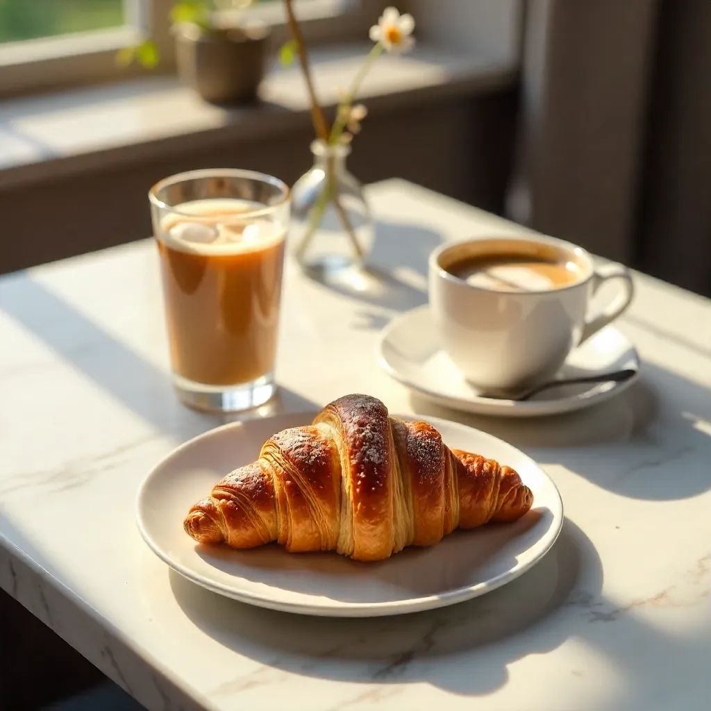 Sleek Morning Breakfast: Pastry, Iced Coffee & Steam