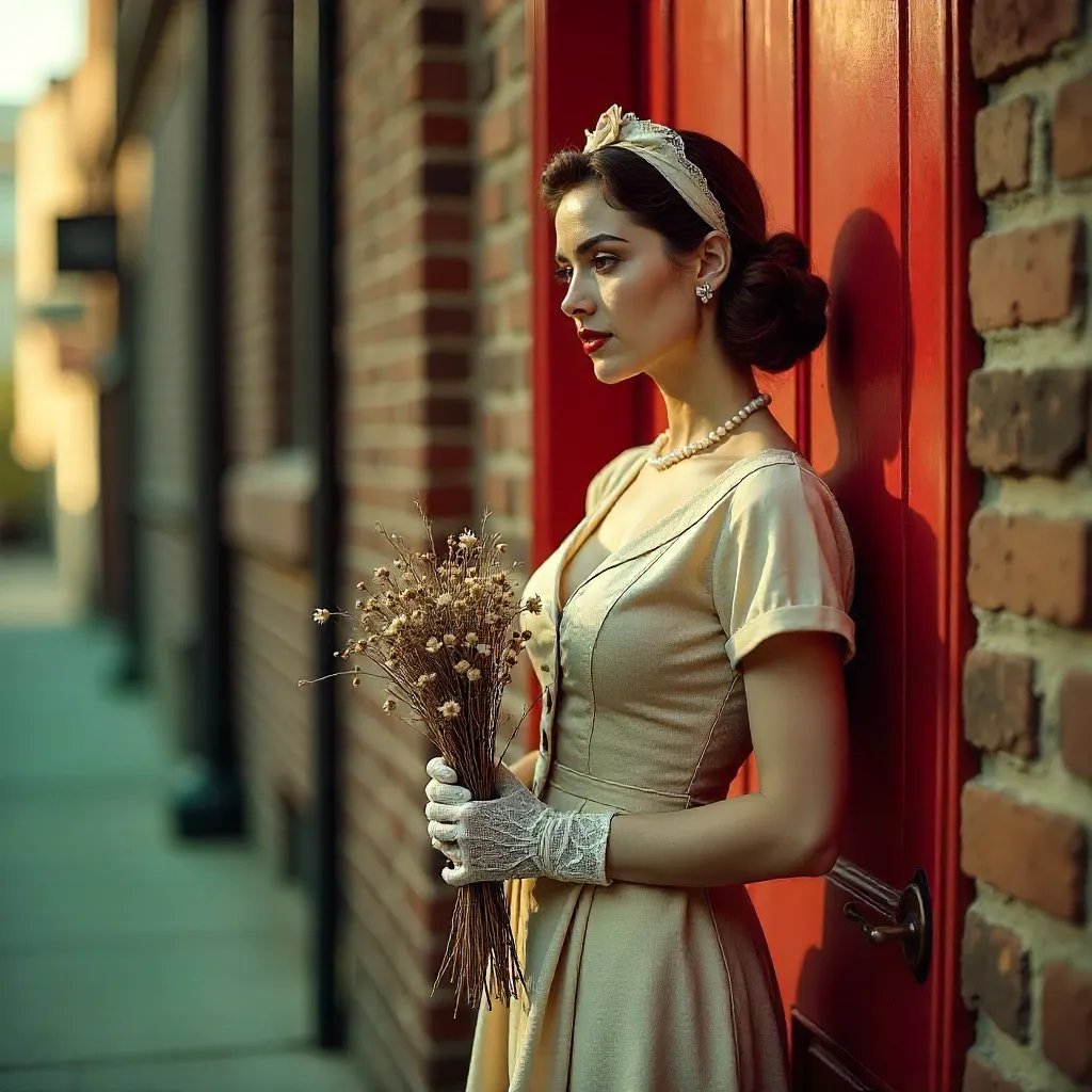 Elegant Vintage Woman by a Red Door