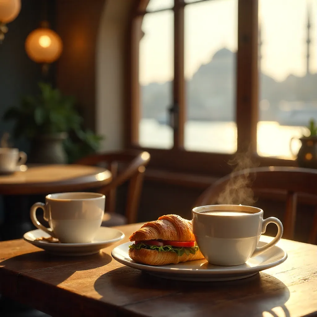 Morning Light on a Croissant Sandwich in a Cozy Istanbul Café