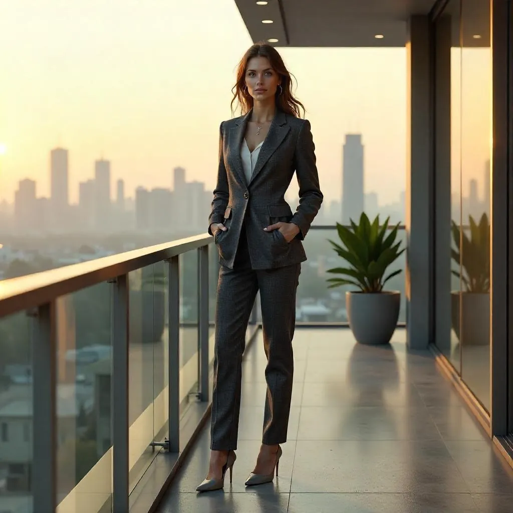 Confident White Woman on a Modern Balcony - 3D Render