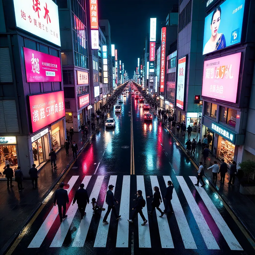 Aerial Night Crossing in Tokyo: Neon Zebra Crosswalk