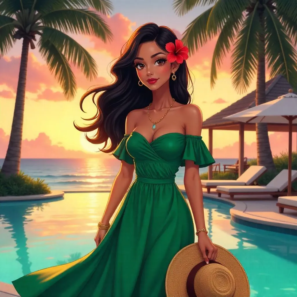 Elegant Latina Woman at a Tropical Resort (Anime)
