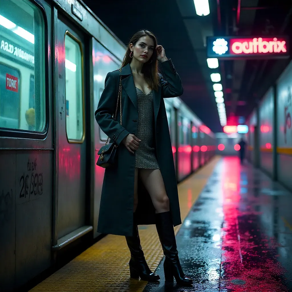 Night Subway Fashion Pose with Neon Glow