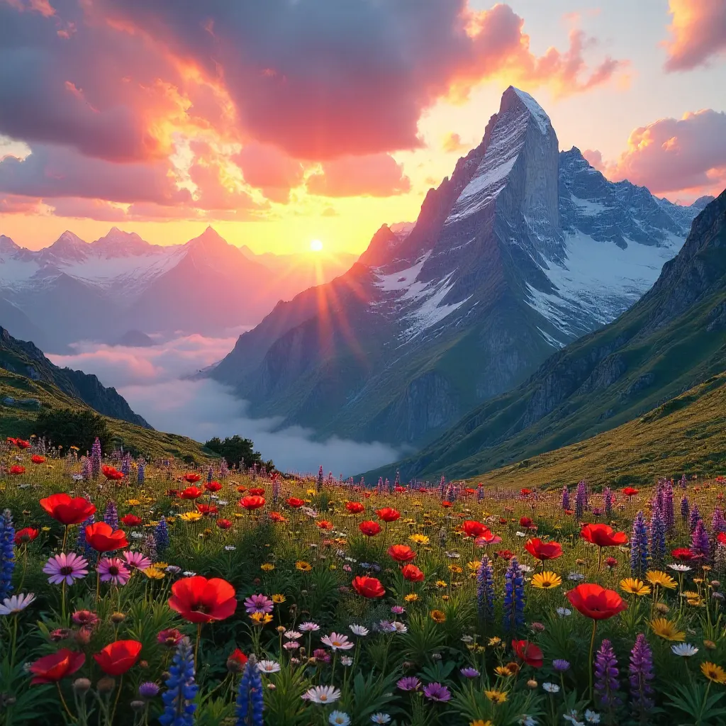 Sunrise over misty alpine peaks with wildflower meadow