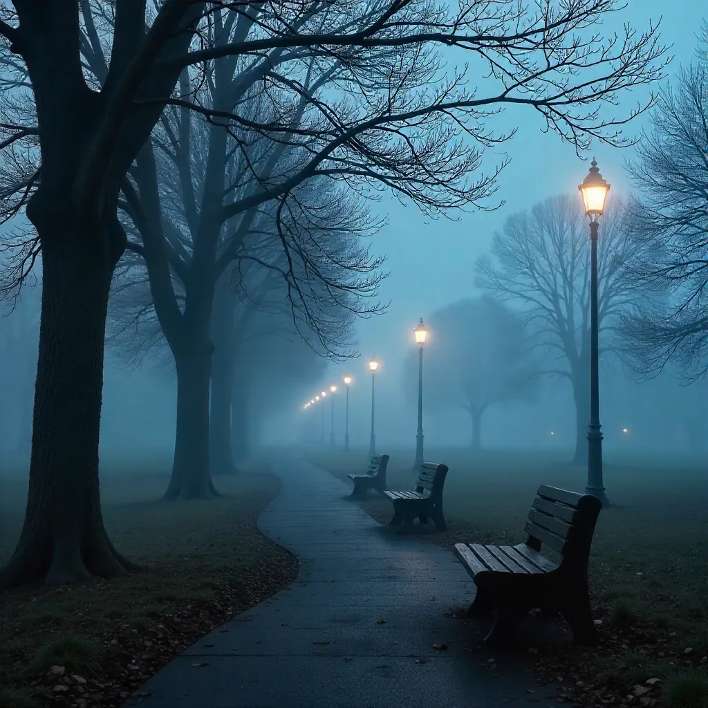 Foggy Winter Park: Empty Benches in Mist
