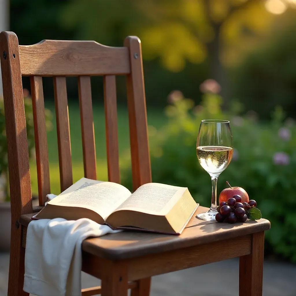 Golden Hour Outdoor Chair Still-Life with Book, Wine, and Fruit