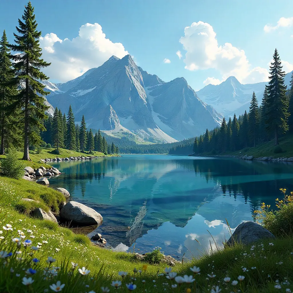 Tranquil Alpine Lake Amid Pines and Peaks