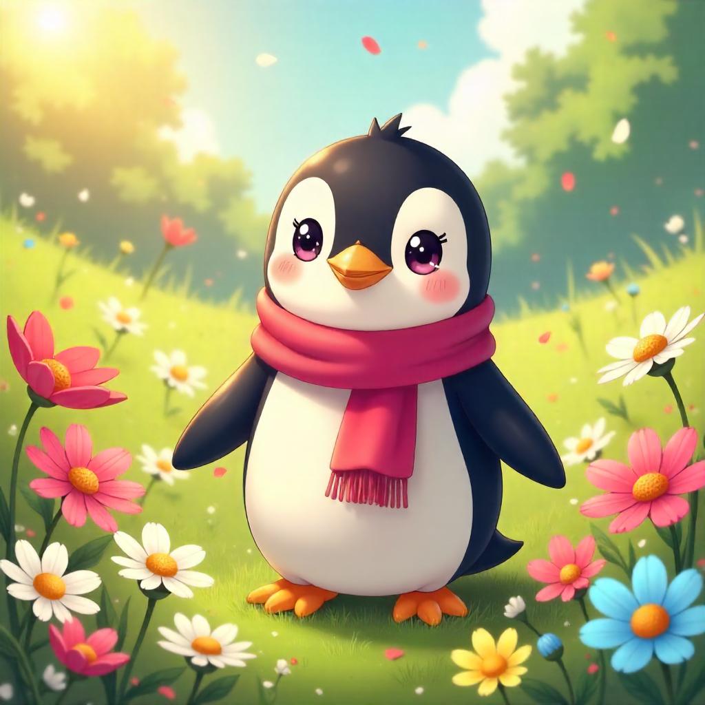 Penguin in a Dreamy Anime Flower Field