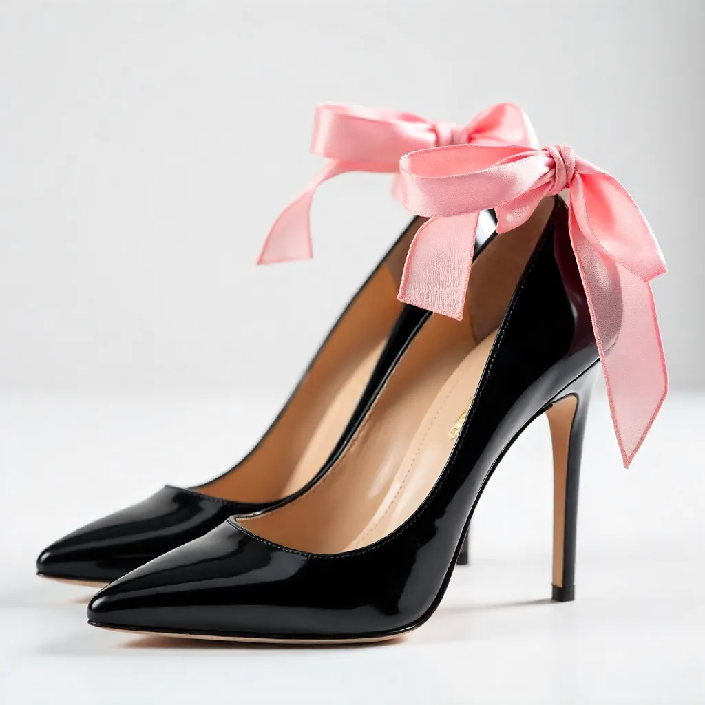 Elegant Black Pointed-Heels with Pink Ribbon