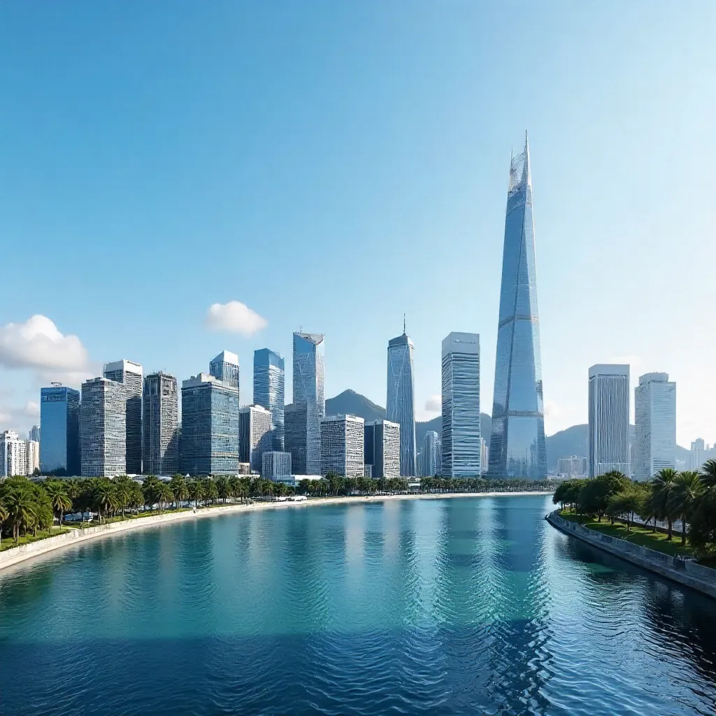 Clear Blue-Sky City Skyline: Modern Skyscrapers Panorama