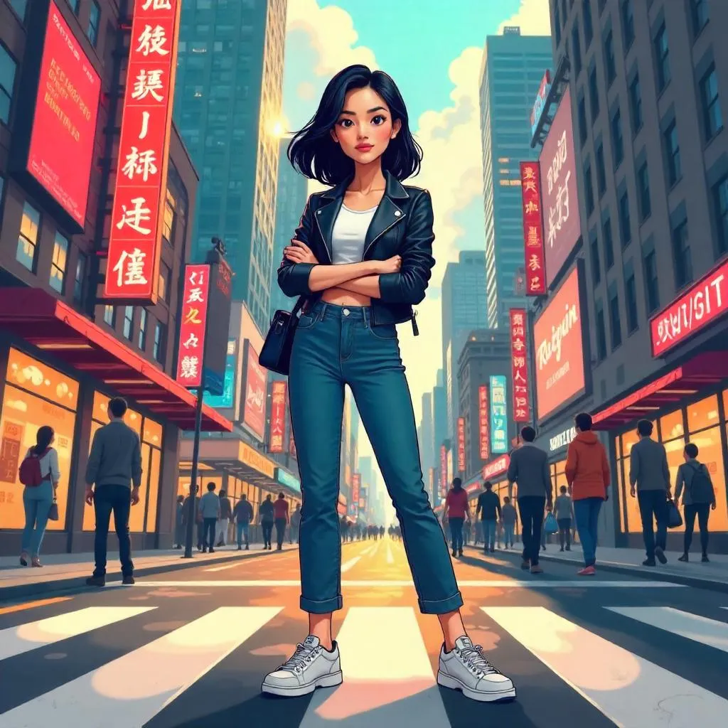 Confident Asian Woman on a City Street (Cartoon Style)