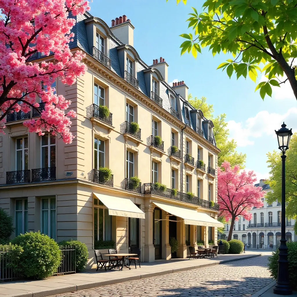 Elegant Parisian Building Amid Spring Trees