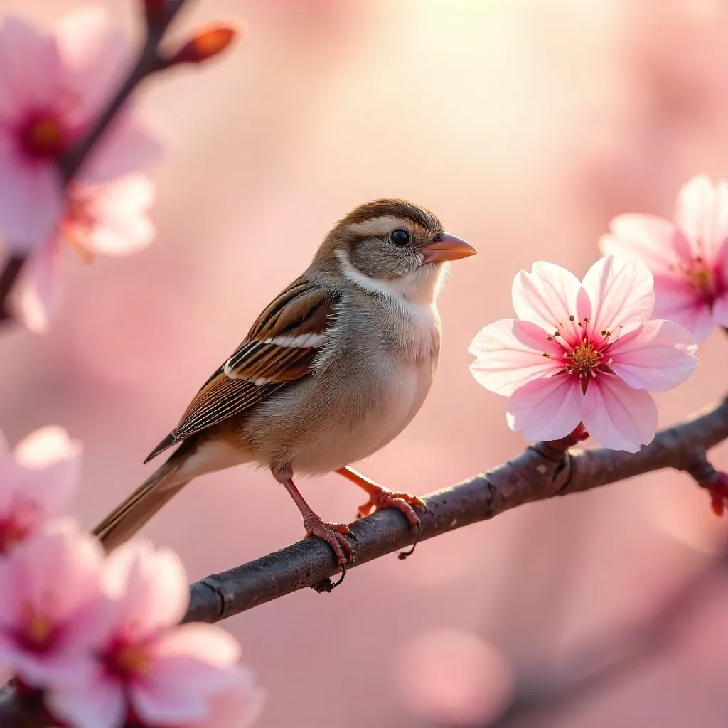 Charming Sparrow Among Spring Cherry Blossoms