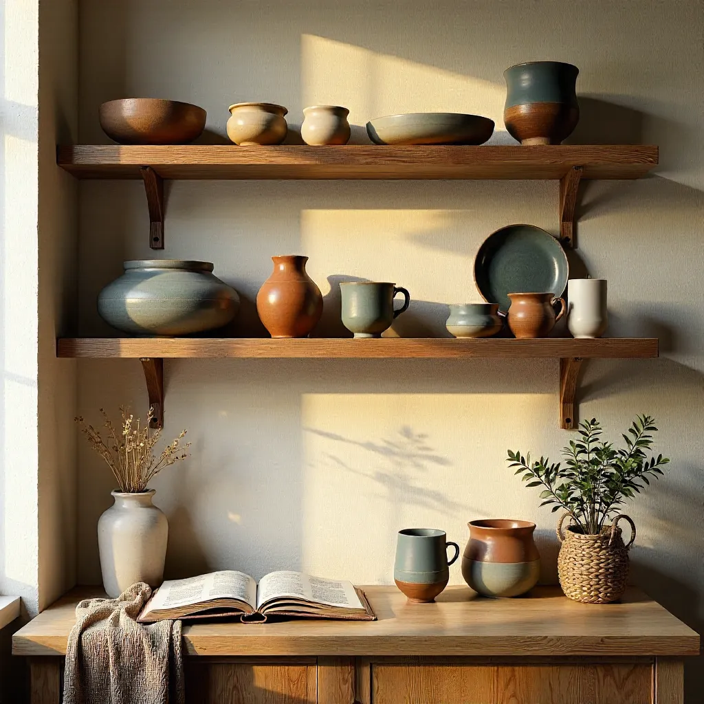 Cozy Wooden Shelves with Handmade Pottery and Book