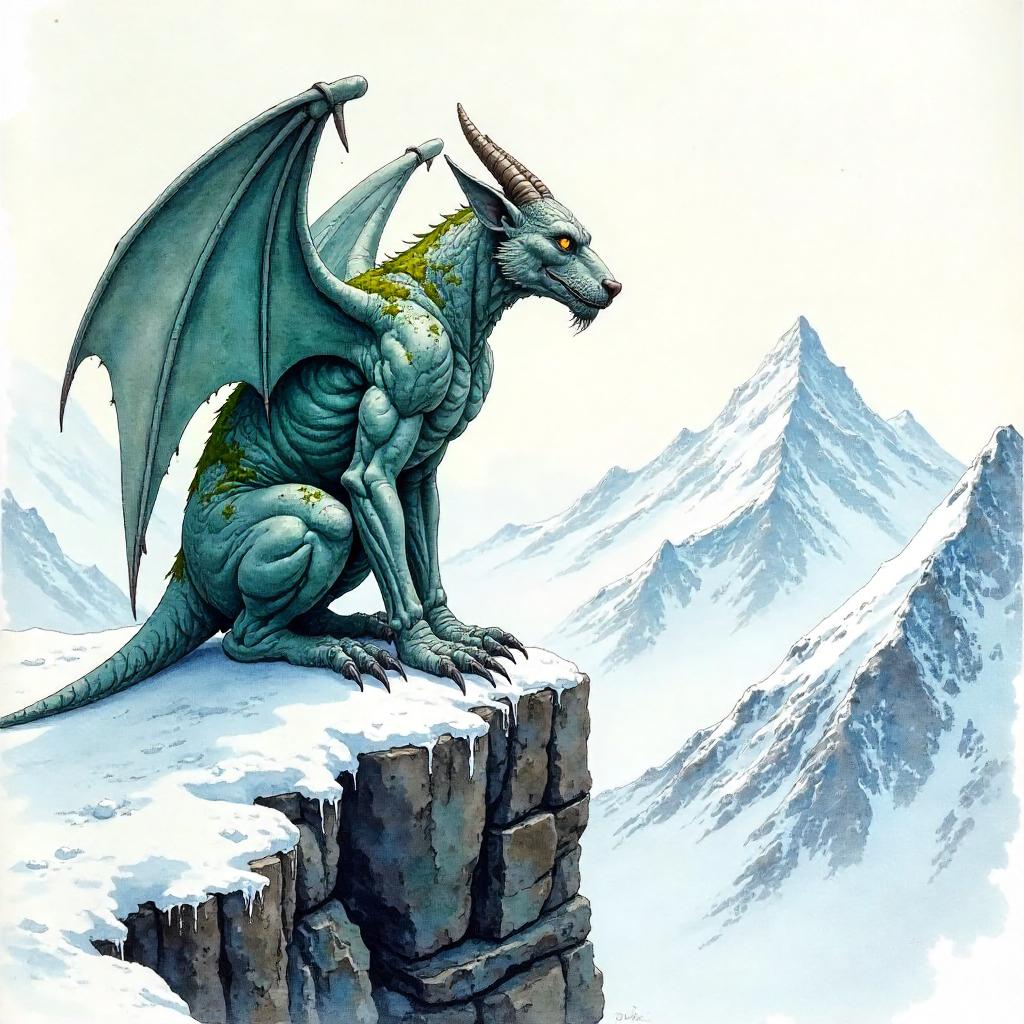 Gargoyle on a Snowy Summit: Watercolor Reverie