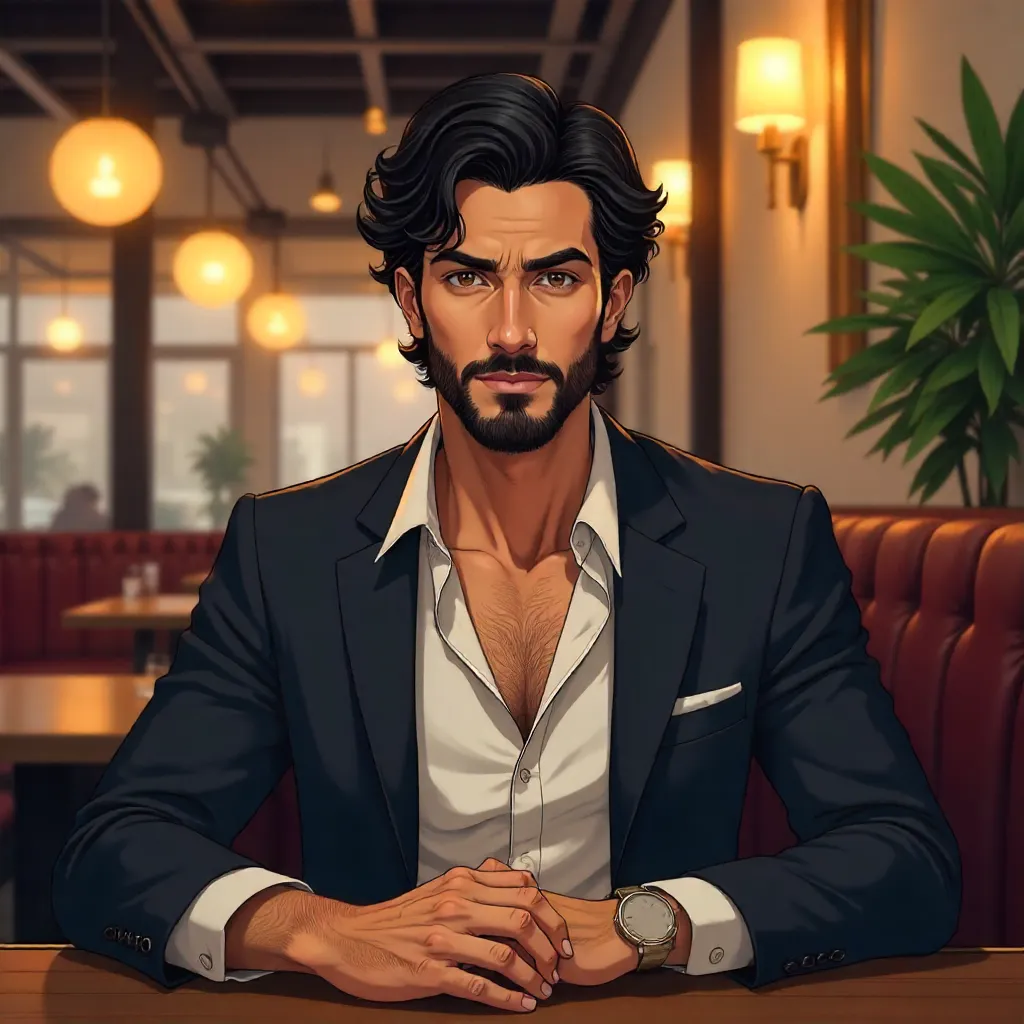 Anime Handsome Middle Eastern Man in a Restaurant