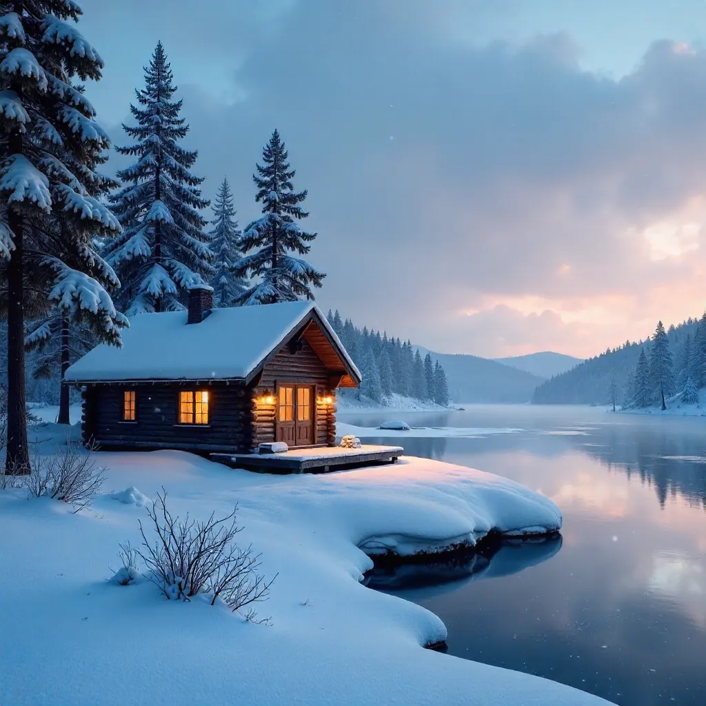Serene Snowy Québec Cabin in Blue Hour