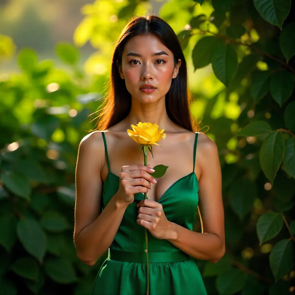 Stylish Woman in Green Dress with Yellow Rose