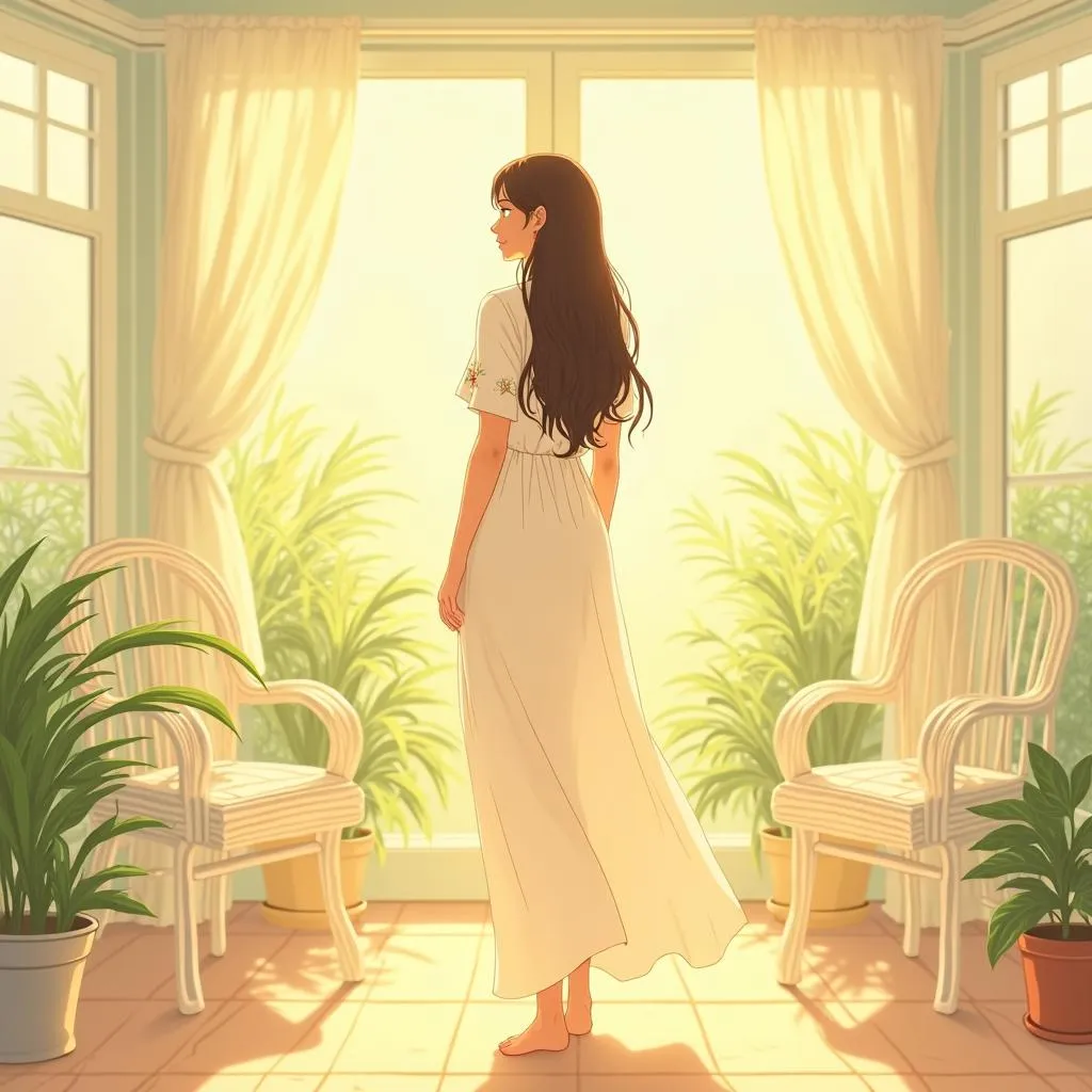 Sunlit Anime: Middle Eastern Woman in a Sunroom