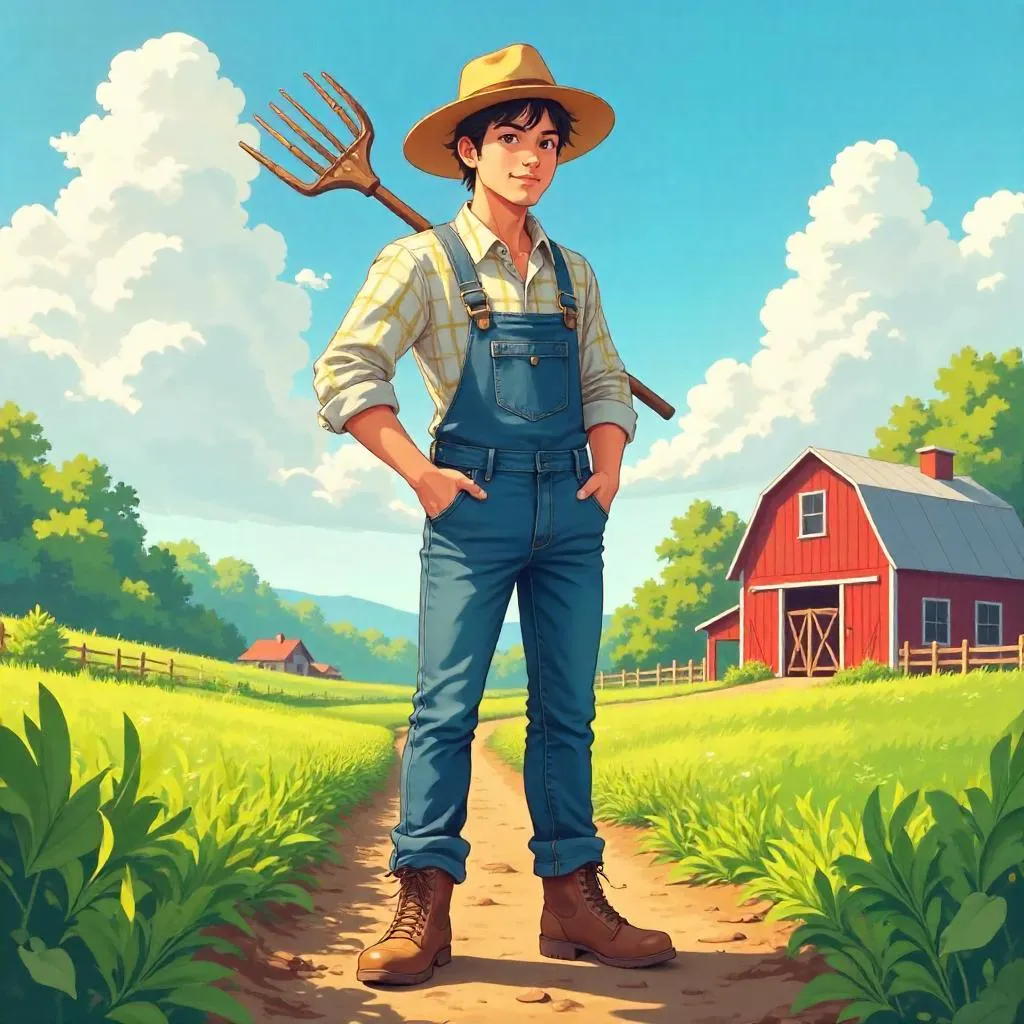 Anime-Style Young Asian Man on a Sunlit Farm