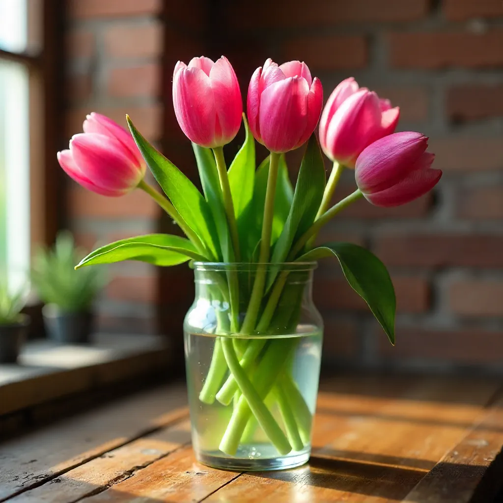 Pink Tulips in Glass Vase Against Rustic Brick Wall